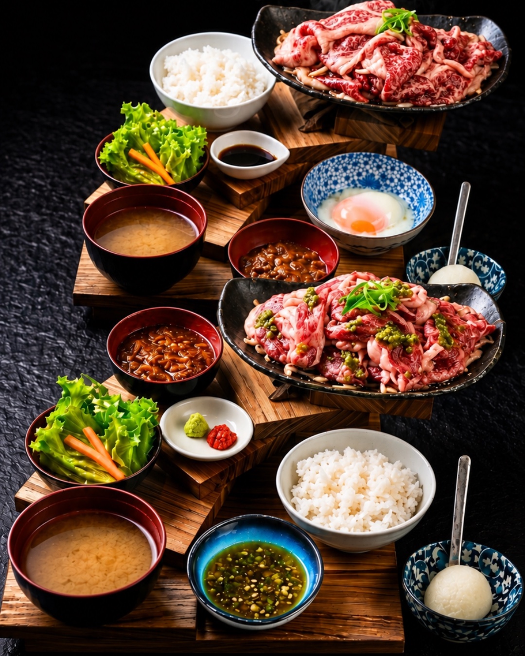 Japanese wagyu yakiniku set meals served with rice, miso soup and side dishes